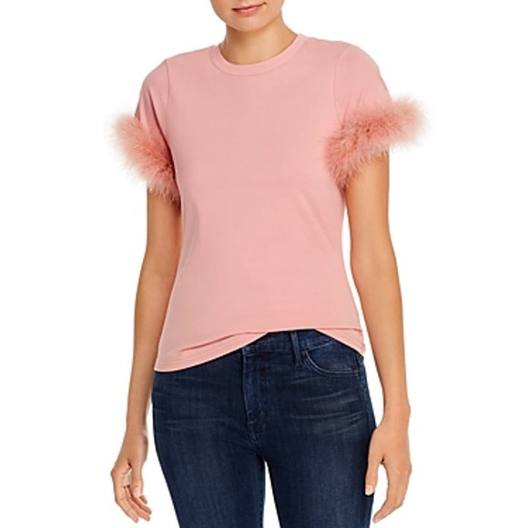 NWT Cinq A Sept Short Sleeve Zoie Feather Trimmed Crew Neck Top Pink Women's XS - Picture 1 of 7